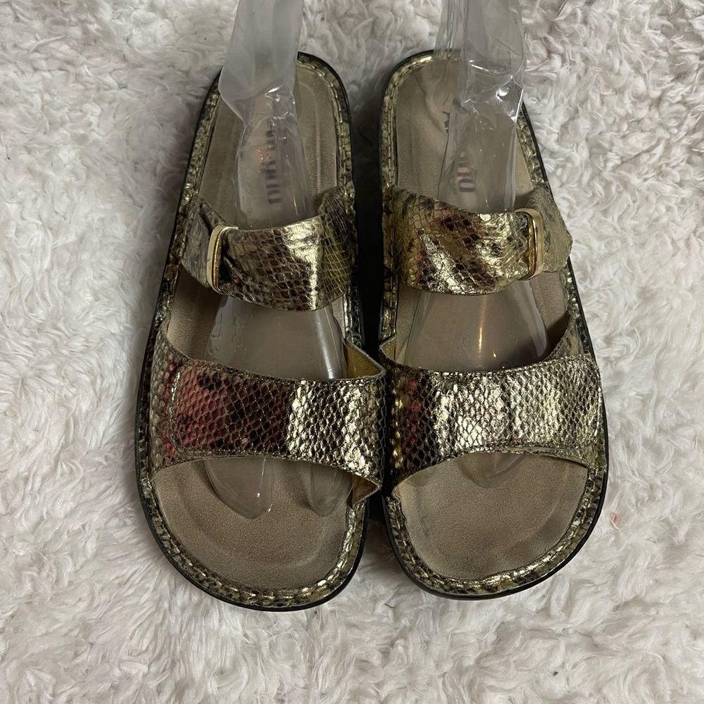 Alegria Karmen leather Gold snake skin print platform wedge Strap Sandals SZ11.5